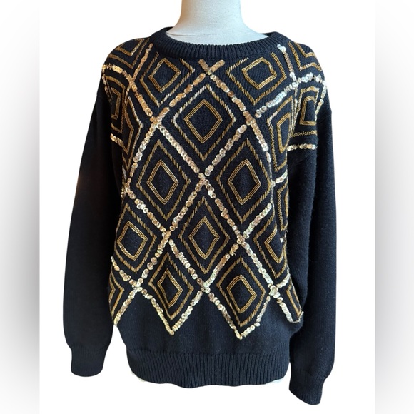 1990s Alfred Dunner Oversized Gold Bead & Sequins Embellished Sweater - Picture 1 of 5